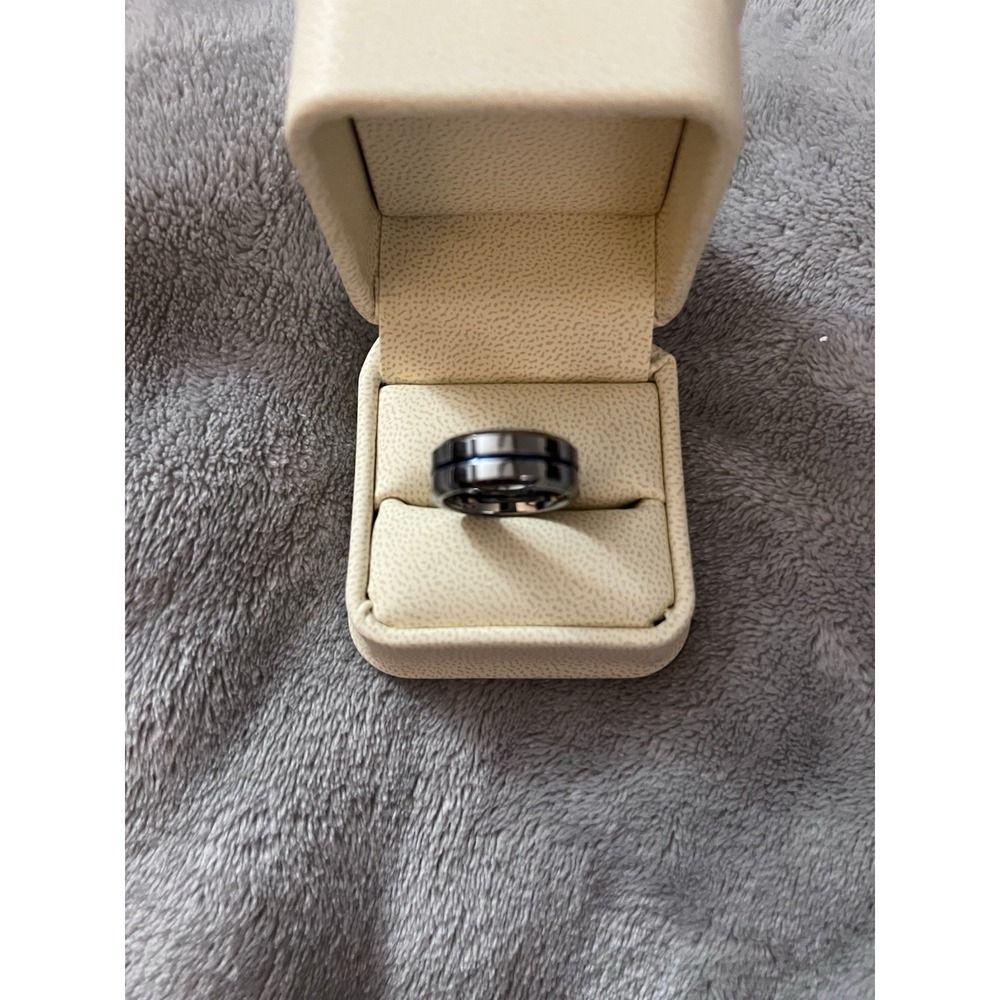 Tungsten Mens Ring Gun Metal Grey Blue Center Strip, Size 6